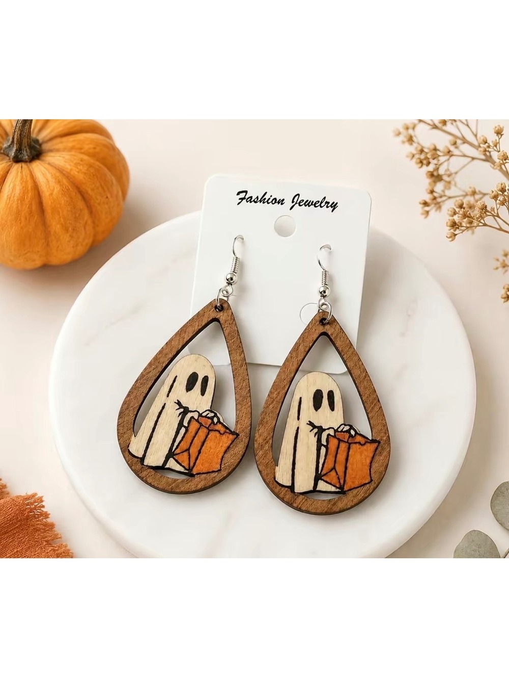 Spooky Cute Wooden Ghost Earrings | Halloween Drop Earrings from Cherrybetty